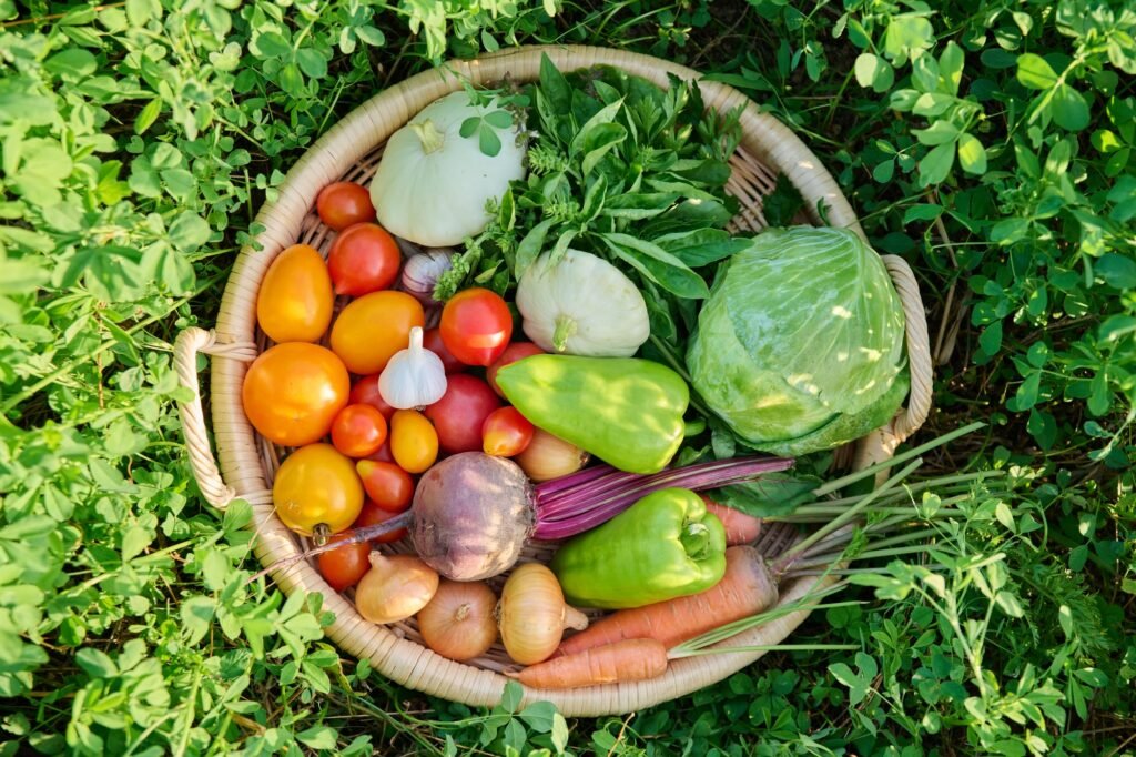 Top view of basket with many different vegetables herbs